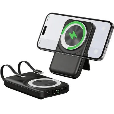 Produktbild von Magnetischer Tragbarer Charger 10000mAh, Wireless PowerBank 15W, Schnellladegerät mit eingebauten Kabeln,LED,Multi-Port für Smartphone und Tablet