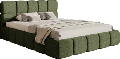 A green upholstered bed with a headboard and footboard, shown against a white background.