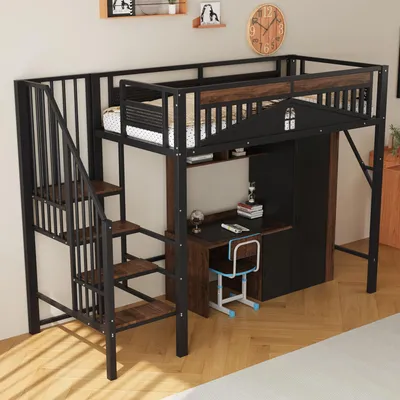 Zdjęcie produktu dla Metalowe łóżko na poddaszu Sweiko 90 x 200 cm, Unikalna rama zabezpieczająca z okienkiem, Z drabinką zabezpieczającą, Wystarczająca ilość miejsca pod łóżkiem na swobodny pokrowiec z tkaniny, Czarny