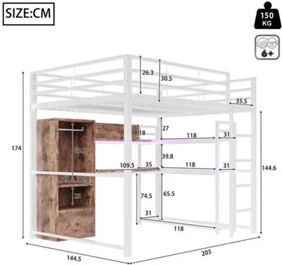Obrázek produktu pro Dětská postel s horní palandou, rozměry 140x200 cm - Moderní nábytek z MDF a kovu - S úložnými zásuvkami a LED osvětlením