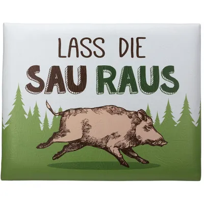 Produktbild von Gilde Sitzpolster, rechteckig, "Lass die Sau raus", Wildschweinmotiv, Kunststoff, mehrfarbig, VE 6, L. 34 cm, B. 44 cm, H. 5 cm