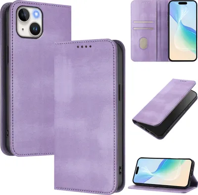 Produktbild von Handyhülle für iPhone 15, Vintage Leder RFID Schutz Kartenfach Standfunktion Magnetische Klapphülle Violett
