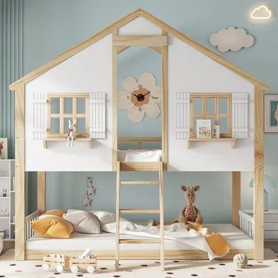 Obrázek produktu pro Dvoupatrová postel 90x200 cm, bílá a přírodní barva, vyrobená z borovice, MDF a překližky, s baldachýnem a okny, stabilní rošt, vhodná do dětského pokoje