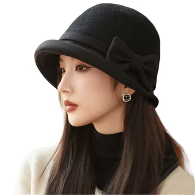 Produktbild von Damen Winter Fischerhut Vintage Elegant Bowler Hut Wollmütze mit Schleife, Schwarz