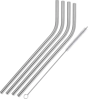 Image de Go Go Gadget – pailles réutilisables en acier inoxydable, courbées – Lot de 4 | Avec brosses de nettoyage | Idéales pour les cocktails et les smoothies | Pailles en métal et en acier