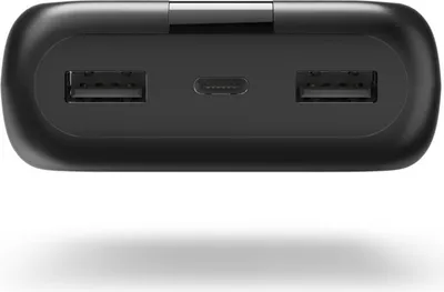 The top view of a black power bank with USB ports.