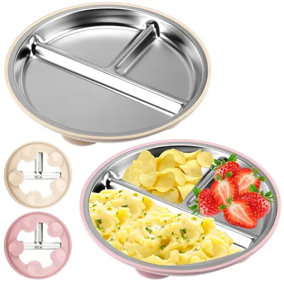 Image de Lot de 2 assiettes pour bébé en acier inoxydable avec ventouse