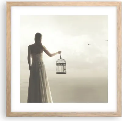 Produktbild von Gerahmtes Poster - Rahmen in heller Eiche - Frau Käfig Vogel - 40x40 cm - Wand Bild - Wanddeko - Wandbilder - Kunstposter - Wandposter - Bilderrahmen - Bilder - Kunstdruck - P2NAC40x40-4787