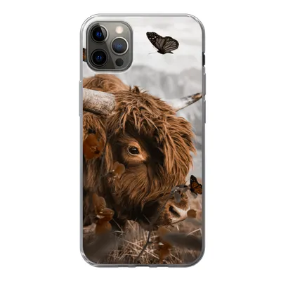 Produktbild von MuchoWow® Handyhülle Schutzhülle Hülle für iPhone 12 Pro Max Scottish Highlander - Schmetterlinge - Pflanzen Silikon Softcase Handy Hülle - Hartschale