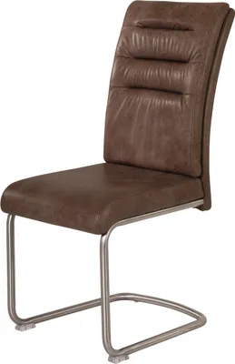 A brown faux leather cantilever chair against a white background.