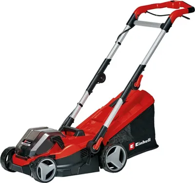 A red electric lawnmower on a white background.
