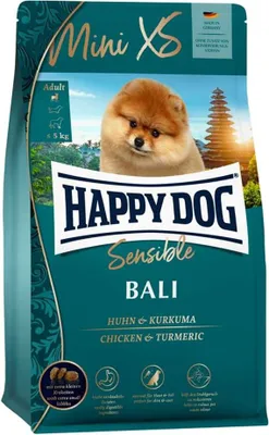 A bag of Happy Dog Sensible Mini XS Bali dog food.