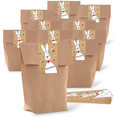 Produktbild von 25 kleine braune Papiertüten Ostertüten Osternest 14 x 22 x 5,6 cm + 25 Osteraufkleber 5 x 15 cm vintage Hase Osterhase Ostern Herz rot Verpackung Geschenke Aufkleber Kraftpapier give-awayOsterhase mit Herzen Weiß, Rot, Braun / 25