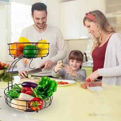 Obrázok produktu pre Ibenzoa® – Drôtený kôš na ovocie, dvojposchodový, s odnímateľným držiakom na banány, oceľ s práškovou povrchovou úpravou, bronzová farba
