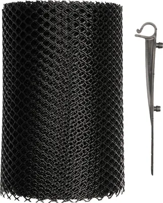 A roll of black mesh gutter guard with a plastic stake clip.