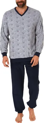 Produktbild von Herren Frottee Pyjama Schlafanzug lang mit Bündchen im edlen Minimalprint - 65399 ; grau , 50