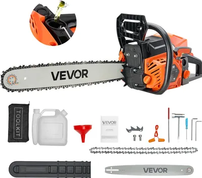 A VEVOR 62cc gasoline chainsaw and its accessories are displayed against a white background.