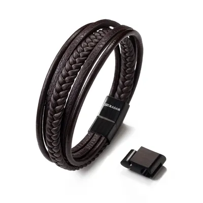 Produktbild von SERASAR | Pánský Náramek z Pravé Kůže [Braid] z Stainless Steel | Barva: Hnědý | Délka: 21cm