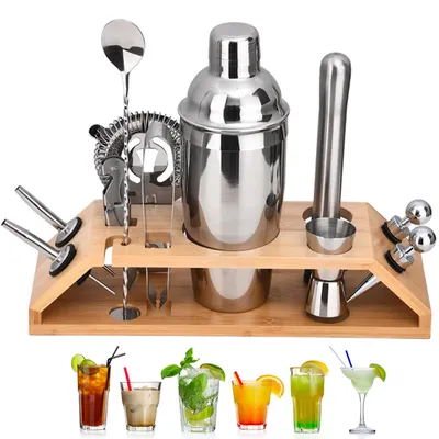 Cocktailshakerset 12-teilig, 750 ml, Edelstahl mit Holzständer