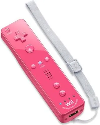 A pink Nintendo Wii Remote Plus with a gray wrist strap, shown against a white background.