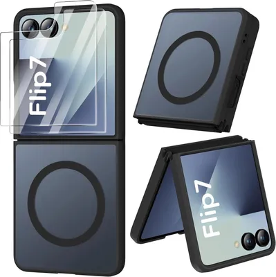 A collage of images showing a phone case and screen protectors for a Samsung Galaxy Z Flip 7.