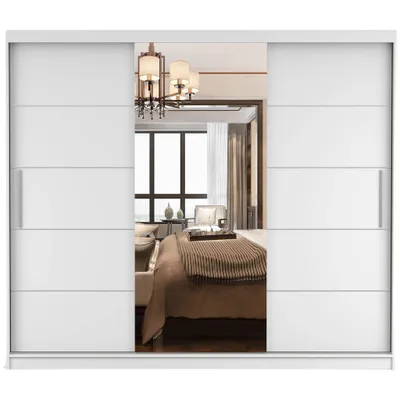 Produktbild von Schwebetürenschrank Kleiderschrank Schrank 250cm Weiß/Weiß mit Spiegel und LED-Beleuchtung Alba