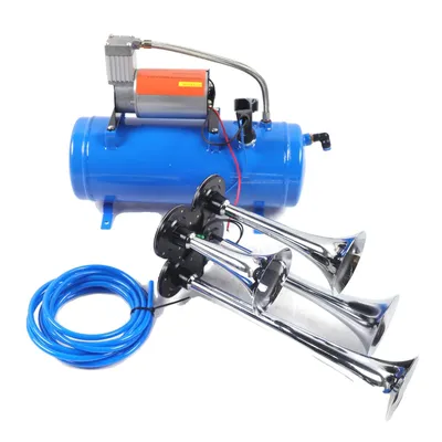 Zdjęcie produktu dla zestaw sprężarki powietrza 12V DC, 150 PSI, zbiornik 6L z 4-rurowym klaksonem, niebieskiEU