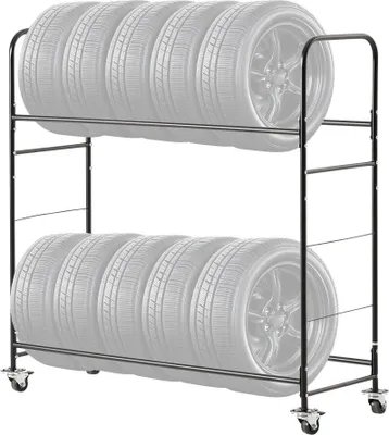 Produktbild von s Däklagerungsregal auf Rädern, 2 Ebenen, Platz für 12 Standardreifen, mobil, robust, ideal für Garage und Reifenlagerung