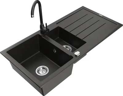 Produktbild von Mexen Andres 1,5-Becken-Granitspüle mit Abtropffläche und Mischbatterie Telma, Schwarz/Gold - 6515-75-670200-70