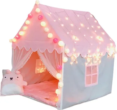 Produktbild von Kinderspielzelt, Prinzessinnen-Spielhaus für Mädchen, großes Feenschlosszelt für drinnen und draußen für Kleinkinder, Spielzeughaus mit Pom-Pom-Türvorhang und Fenster, rosa Zelt