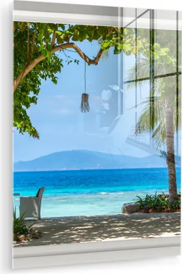 Produktbild von MuchoWow Glasbilder - Bilder auf Wandbild - Foto auf Glas Aussicht - Baum - Meer - Palme - Hügel - Strand - Blau 60x80 cm Wanddekoration aus Glas - Acrylglasbild - Acrylbilder - Foto