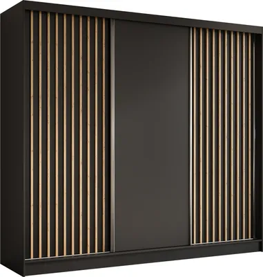 Produktbild von 240 cm Kleiderschrank Erika mit Lamellen ohne Spiegel inklusive 3 Schiebetüren Schwebetürenschrank (Farbe: schwarz, schwarz, Lamelle Artisan)