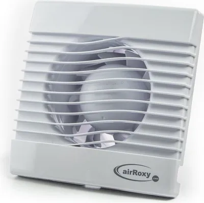 A white bathroom fan with a grille and visible fan blades, set against a white background.