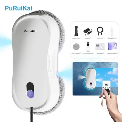 Image de Robot lave-vitres PuRuiKai M8 avec fonction de pulvérisation, double buse, puissance d'aspiration 2×2800Pa, navigation IA, détection des bords, télécommande