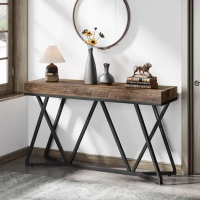 Zdjęcie produktu dla Stolik konsolowy Tribesigns 140 cm, stolik do sofy w stylu wiejskim, drewniany stolik wejściowy z unikalną metalową podstawą, mały stolik wystawowy, stolik do foyer