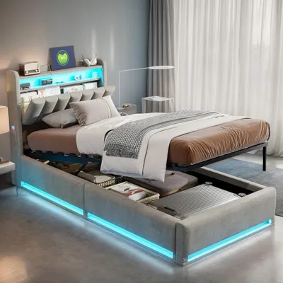 Produktbild von INONEFT Polsterbett 90x200, Modern Jugendbett mit LED und USB, Hydraulisches Stauraumbett mit Lattenrost, Samt Grau, Ohne Matratze