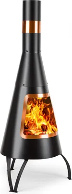 A black outdoor fireplace with copper accents and flames visible inside, standing on a white background.