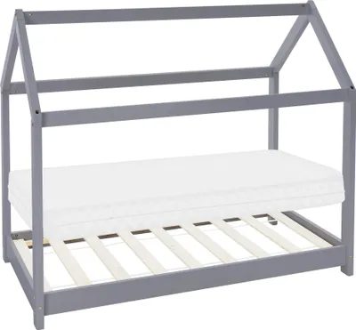 A grey house-shaped bed frame with a white mattress and wooden slats, shown against a white background.
