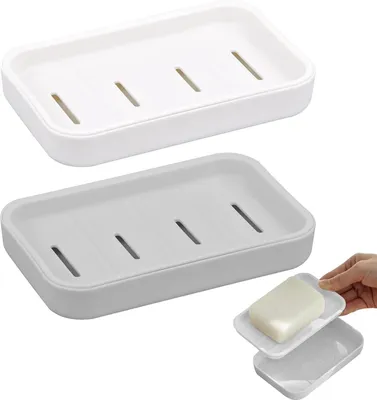 Immagine prodotto di Elegante portasapone - compatto - set da 2 - grigio e bianco - plastica - 12,5 cm x 9 cm x 2 cm