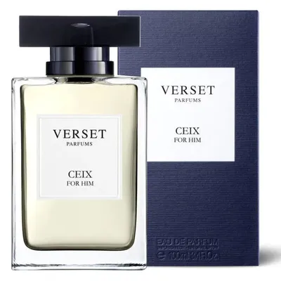 A bottle of Verset Ceix for Him Eau de Parfum and its packaging are displayed against a white background.