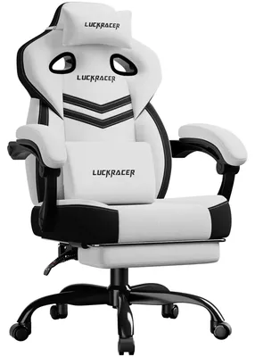 Obrázek produktu pro Herní židle - kancelářská židle LR408 - ergonomická - nastavitelný sklon 90–155° - opěrka nohou - nastavitelná výška - polstrování z paměťové pěny - propojené područky - bílá barva