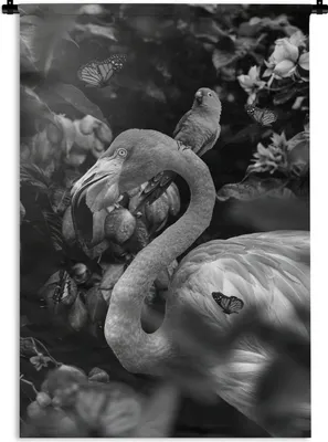 Produktbild von MuchoWow® Wandteppich Wandbehang Flamingo und ein Vogel im Dschungel - schwarz und weiß 90x135 cm Tapisserie Dekoration Wandtuch - Baumwolle - Wandskulptur