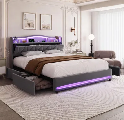 Produktbild von REMZETTA Polsterbett 140x200 cm Grau mit LED, USB-C, 4 Schubladen