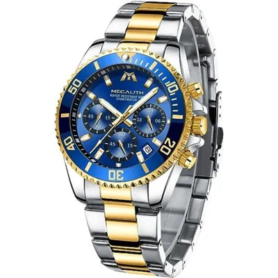 Produktbild von MEGALITH Herrenuhr 43mm Silber und Gold mit Blauem Zifferblatt Chronographen Uhr