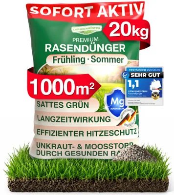 Produktbild von DÜNGEMEISTER Rasendünger für Ihren sattgrünsten Traumrasen - gesunder, dichter und sattgrüner Rasen sofort mit revolutionärer KI Formel - Langzeit NPK/Organisch Frühjahr/Sommer (20 kg)