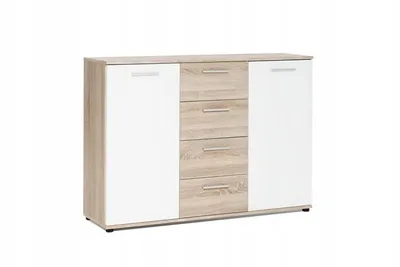 A modern sideboard with two white doors and four wood-tone drawers, presented against a white background.