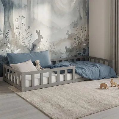 Produktbild von Homestyle4u Kinderbett Grau mit Rausfallschutz 90x200 cm Bodenbett Montessori Bett Lattenrost Matratze