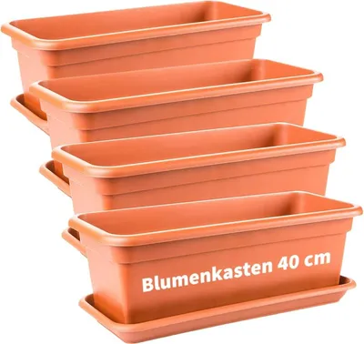 Produktbild von Blumenkasten Terracotta mit Untersetzer 4er-Set langlebig für Balkon und Fensterbank