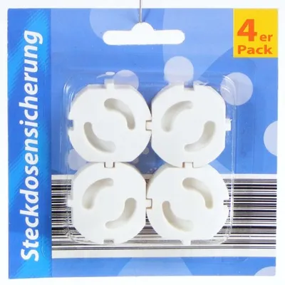 A retail package containing four white child safety socket covers.