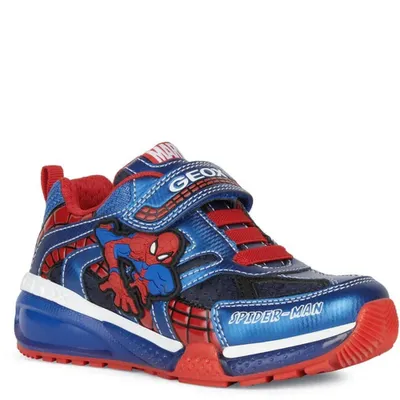 A single child's sneaker with a Spiderman theme.
